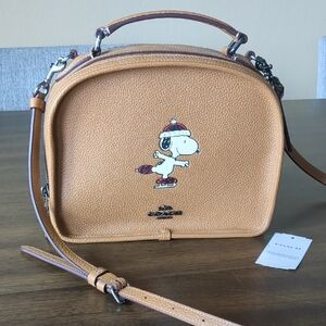 Coach Snoopy Tan Crossbody Bag with Structured Shape and Detachable Strap